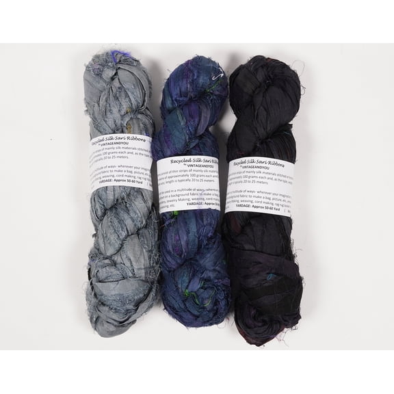 Vintageandyou 300g Recycled Sari Silk Ribbon Yarn | Pack of 3 Upcycled Silk Skeins | Handcut & Hand Joined Ribbon for Crochet, Macram, Weaving, Knitting, Jewelry Making & Fiber Art | Blue