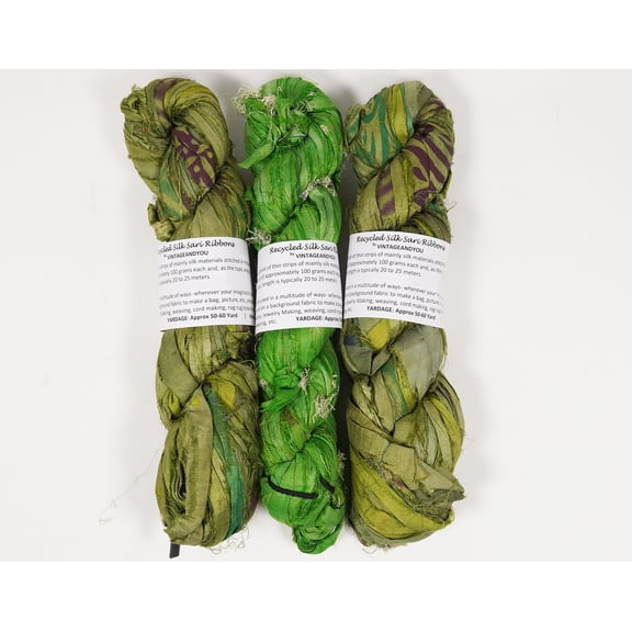 Vintageandyou Artisan Recycled Sari Silk Ribbon Yarn - 300g (3 x 100g Skeins) | Handmade Upcycled Silk Strips for Crochet, Macram, Weaving, Rug Hooking & Mixed Media Crafts | Green