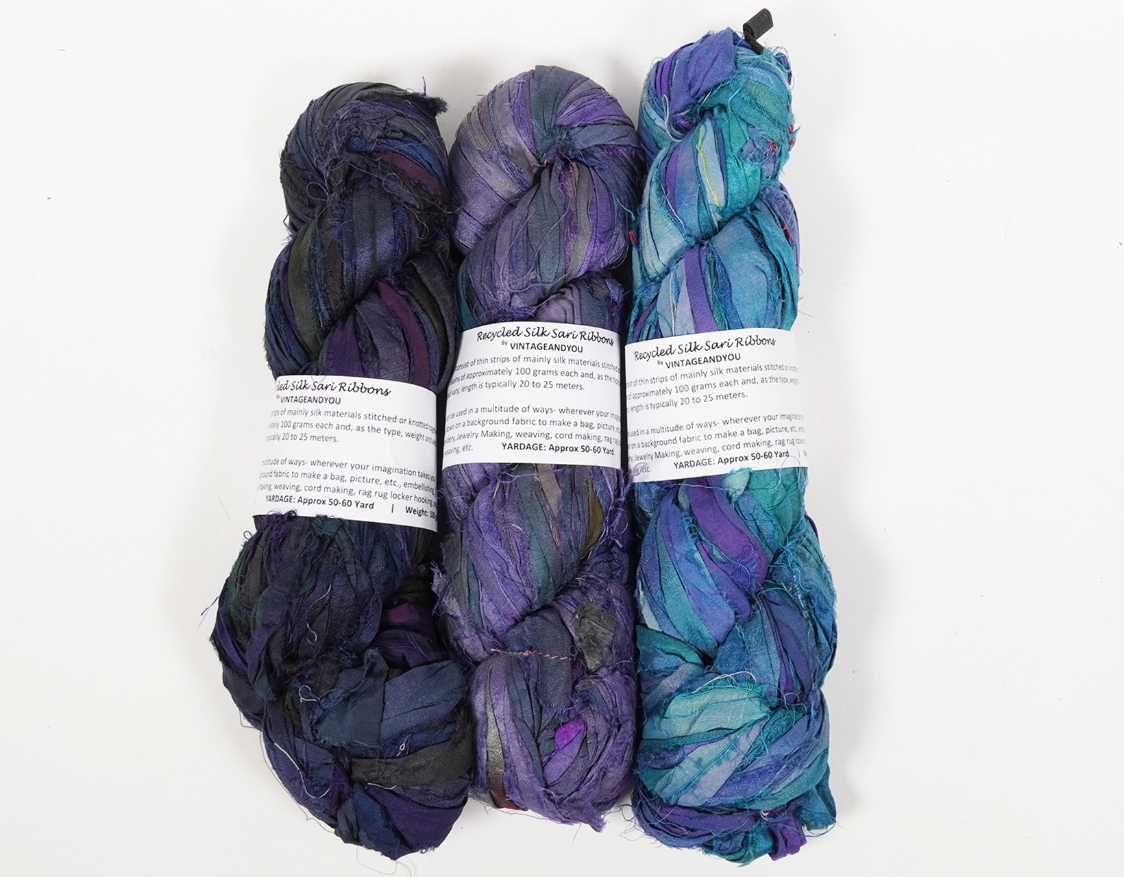Vintageandyou Artisan Recycled Sari Silk Ribbon Yarn - 300g (3 x 100g Skeins) | Handmade Upcycled Silk Strips for Crochet, Macram, Weaving, Rug Hooking & Mixed Media Crafts | Blue