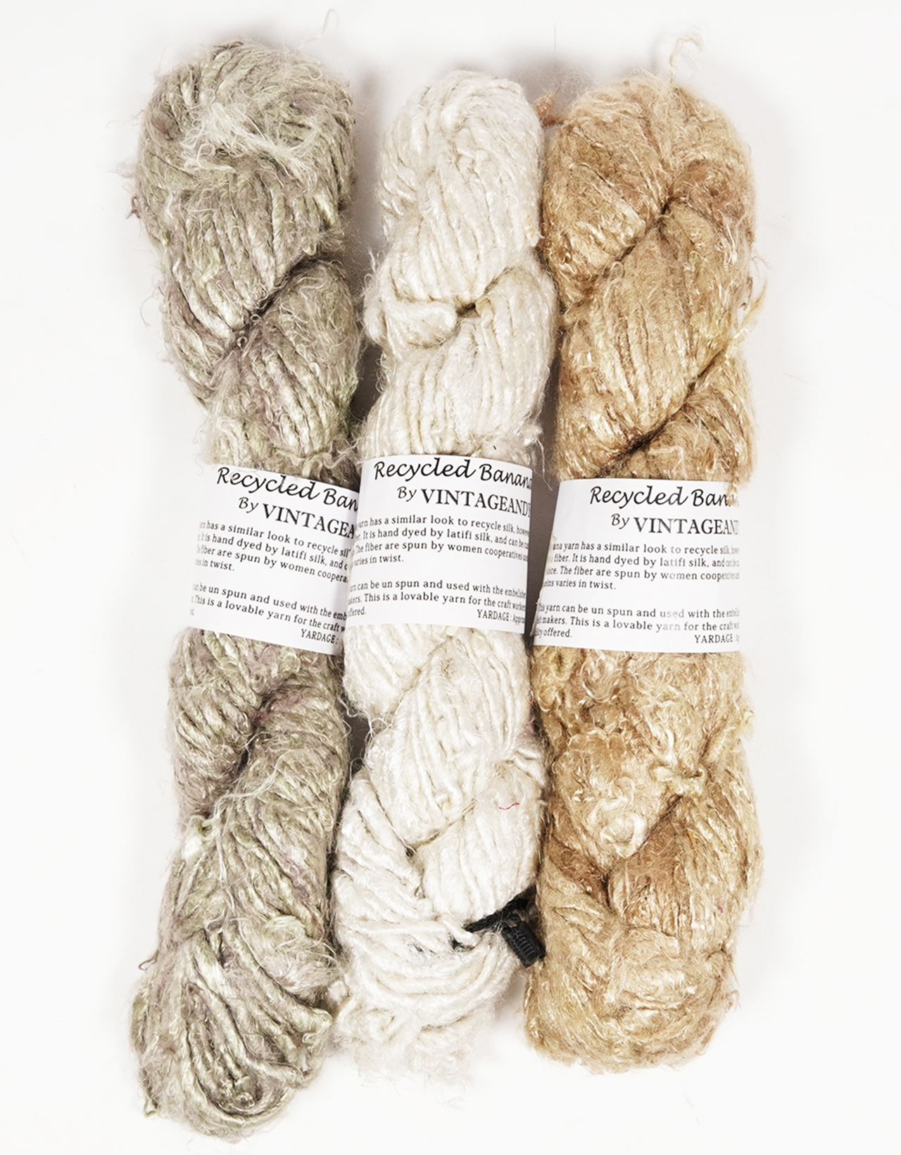 Vintageandyou Hand-Spun Upcycled Banana Silk Yarn 300g(3x100g Skein) - Soft Natural Viscose Fiber Yarn for Knitting, Crochet, Embroidery, Sewing & Weaving