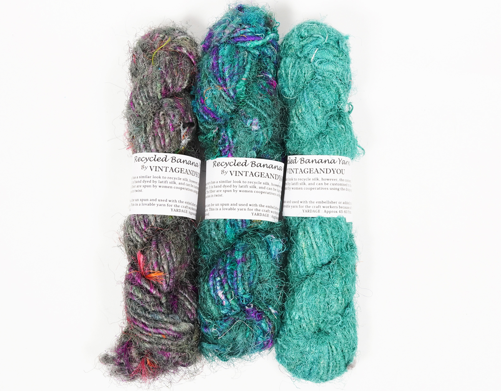 Vintageandyou Recycled Banana Silk Yarn - 300g Pack of 3 | Hand-Spun Natural Fiber Skein for Knitting, Crochet, Weaving & Craft Projects - Soft Art Yarn Made from Viscose Banana Fibers - Single Skein