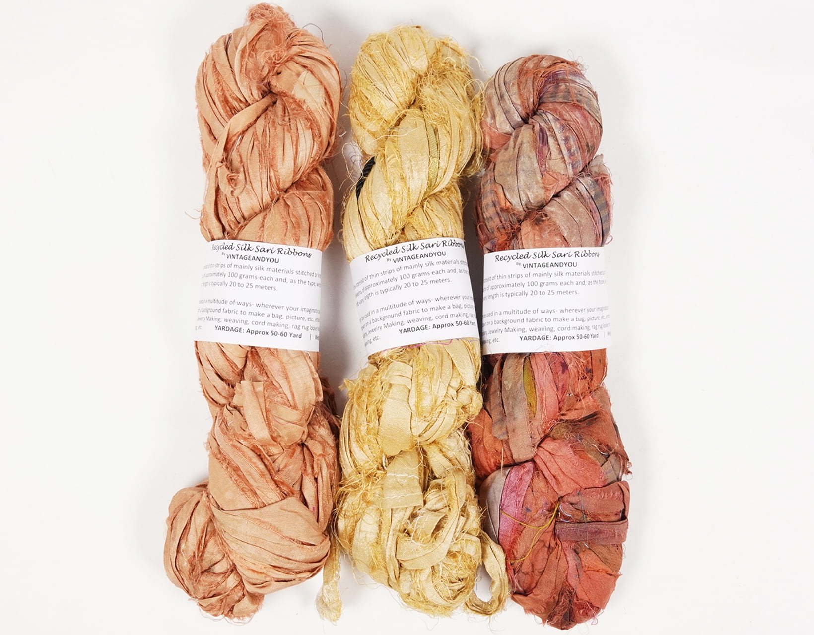 Vintageandyou Recycled Sari Silk Ribbon Yarn - 300g Pack of 3 | Handcut Upcycled Silk Strips for Crochet, Weaving, Macram, Knitting, Rug Making, Fiber Arts | Beige