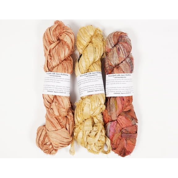 Vintageandyou Recycled Sari Silk Ribbon Yarn - 300g Pack of 3 | Handcut Upcycled Silk Strips for Crochet, Weaving, Macram, Knitting, Rug Making, Fiber Arts | Beige