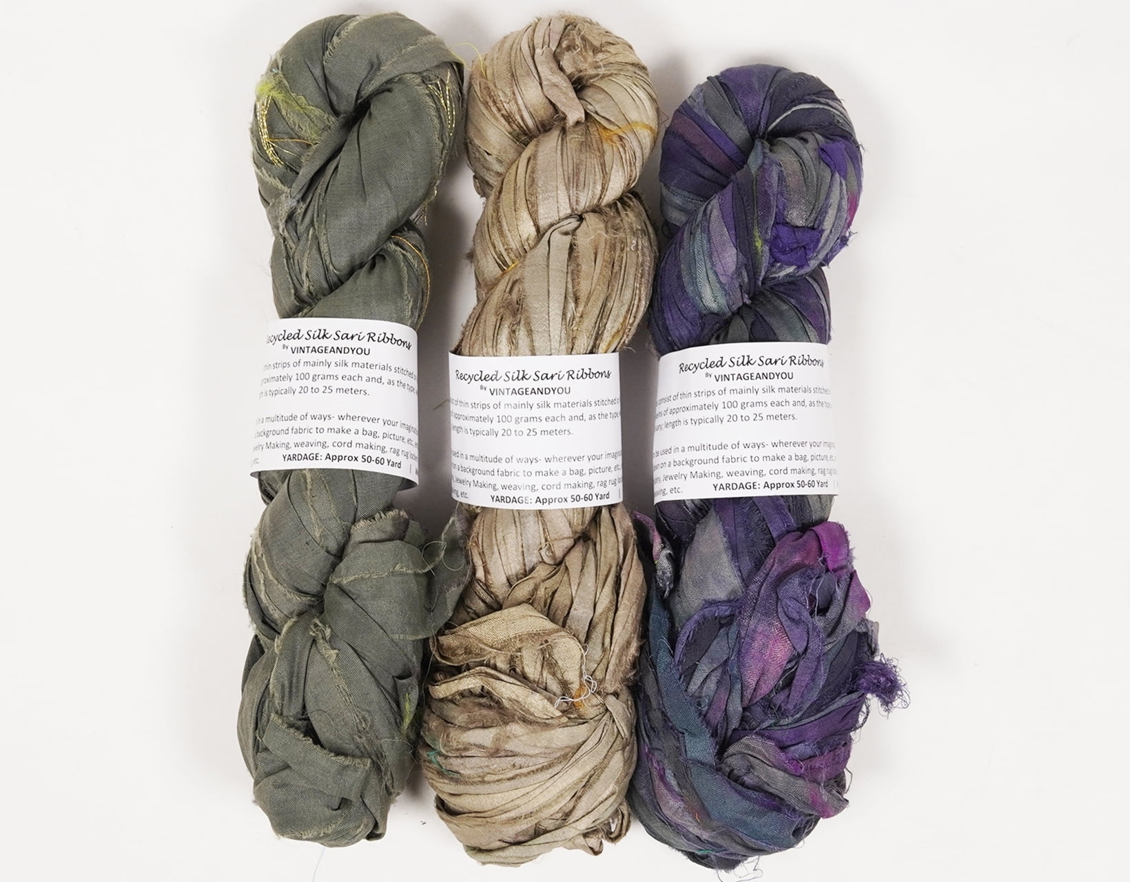 Vintageandyou Recycled Sari Silk Ribbon Yarn - 300g Pack of 3 | Handcut Upcycled Silk Strips for Crochet, Weaving, Macram, Knitting, Rug Making, Fiber Arts | Gray