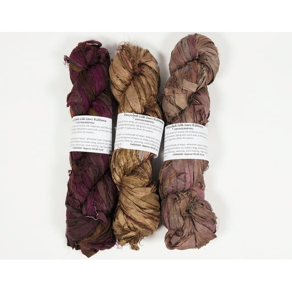 Vintageandyou Recycled Sari Silk Ribbon Yarn - 300g Pack | Upcycled Silk Strips for Crochet, Weaving, Macram, Knitting & Fiber Crafts | Handmade- Brown