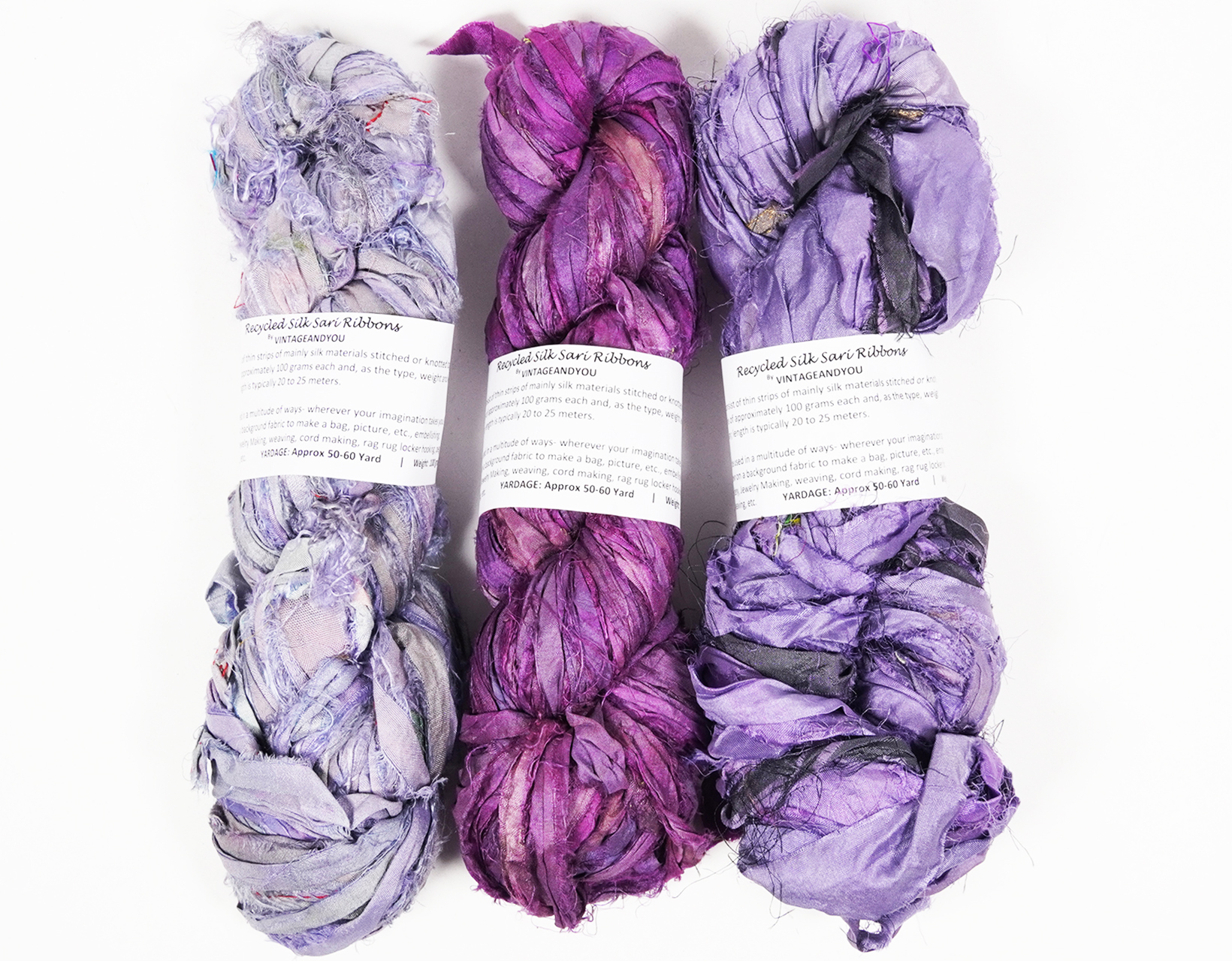 Vintageandyou Recycled Sari Silk Ribbon Yarn - 300g Pack | Upcycled Silk Strips for Crochet, Weaving, Macram, Knitting & Fiber Crafts | Handmade Purple