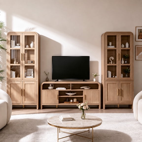 Vintagearth 3-Piece Oak TV Stand Set for TVs up to 65", Modern Entertainment Center with 2 Tall Storage Cabinets, Adjustable Shelves, Cable Management, FSC-Certified Engineered Wood, Oak