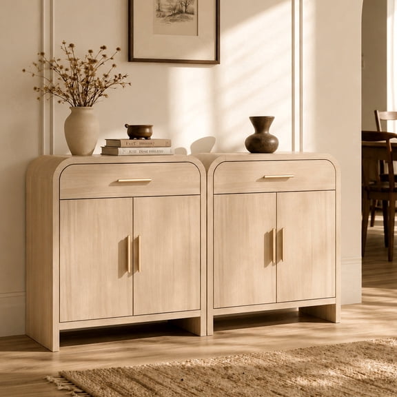 Vintagearth 31.3" Sideboard Buffet Cabinet, 1.18" Thick FSC-Certified Wood Curved Storage Cabinet with 2 Doors & 1 Drawer, Adjustable Shelf for Kitchen, Living Room, Entryway, Oak, 2 pc