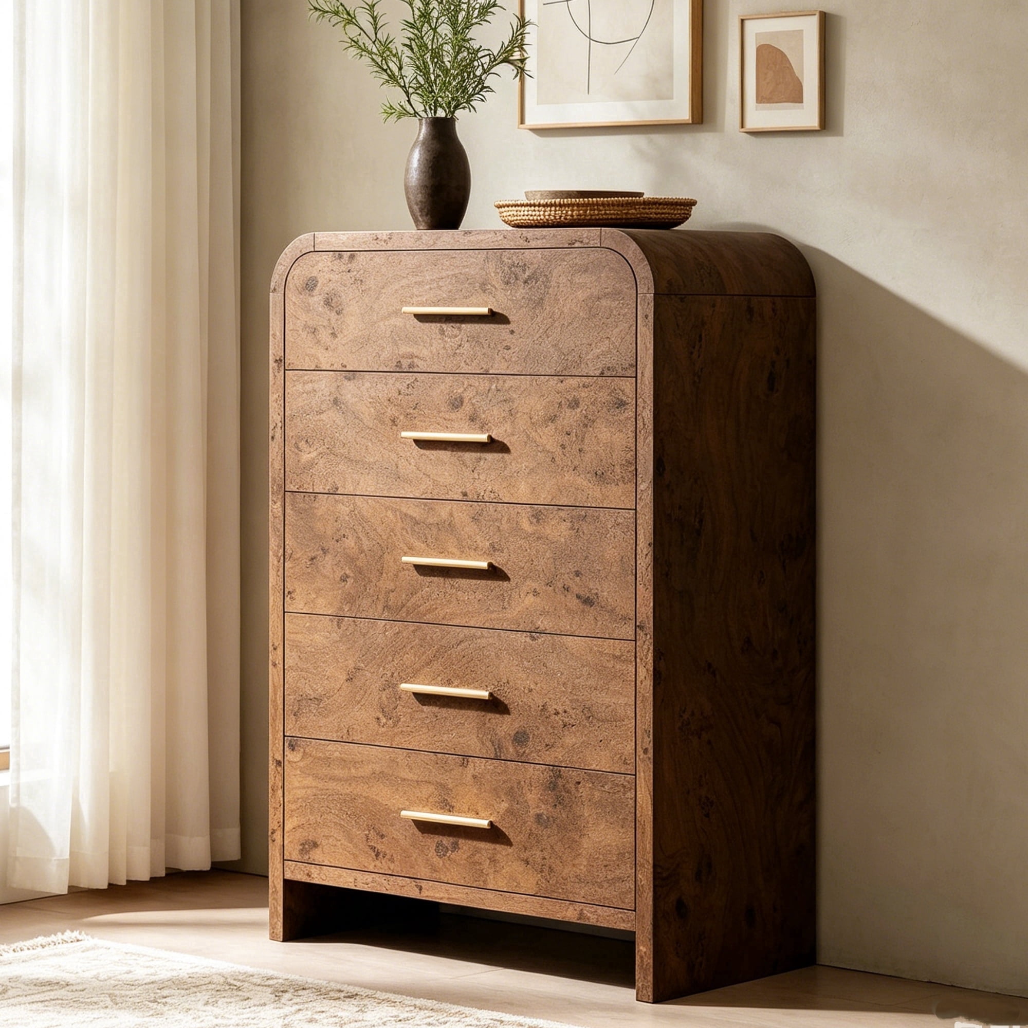 Vintagearth 5 Drawers Dresser for Bedroom, Curved 45.6" Tall FSC-certified Wood 1.18" Thick Board Dressers & Chests of Drawers for  Living Room, Hallway, Entryway, Dark Burl