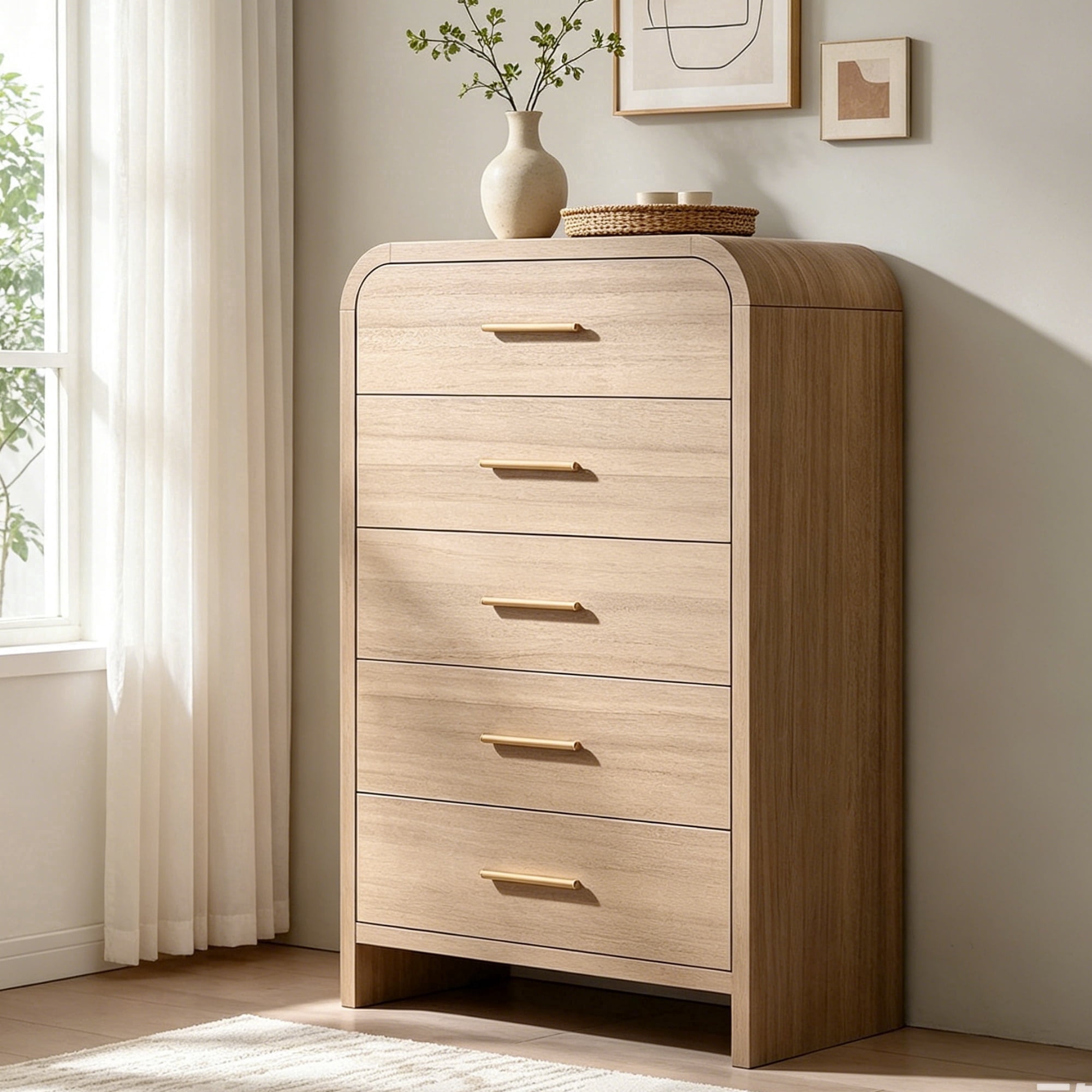 Vintagearth 5 Drawers Dresser for Bedroom, Curved 45.6" Tall FSC-certified Wood 1.18" Thick Board Dressers & Chests of Drawers for  Living Room, Hallway, Entryway, Oak
