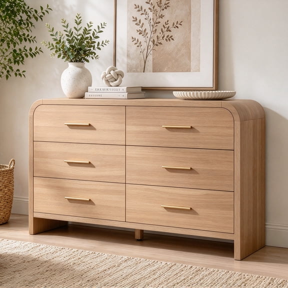 Vintagearth 6 Drawer Dresser for Bedroom, 54" Wide Storage Cabinet with 1.18" Thick FSC-Certified Wood, Modern Curved Edge Design, Oak