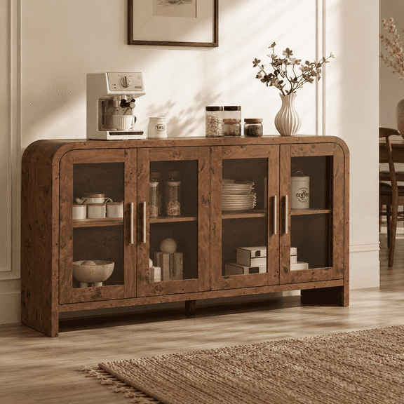 Vintagearth 60" Sideboard Buffet Cabinet with 4 Tempered Glass Doors, Adjustable Shelves, FSC-Certified Wood Storage Cabinet for Dining Room, Living Room, Entryway, Dark Burl