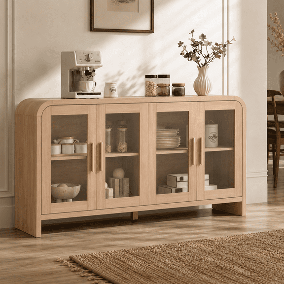 Vintagearth 60" Sideboard Buffet Cabinet with 4 Tempered Glass Doors, Adjustable Shelves, FSC-Certified Wood Storage Cabinet for Dining Room, Living Room, Entryway, Oak