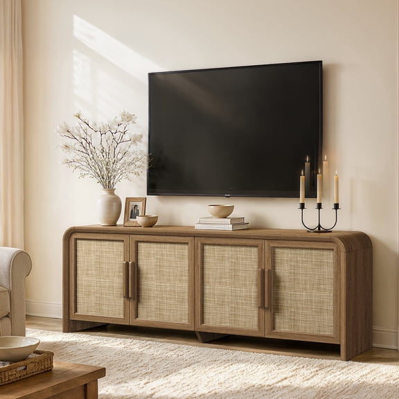 Vintagearth 65" Rattan TV Stand for 75 Inch TV, FSC‑Certified 1.18" Thick Wood Media Console, 4‑Door Curved Entertainment Center Storage Cabinet for Living Room, Natural Oak