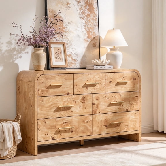 Vintagearth 7 Drawer Dresser for Bedroom, Modern & Wooden Chest of Drawers, Large Storage Organizer with Thickened 1.22" FCS Certified Board, Anti-Tip Device, Smooth Silent Slides, Light Burl