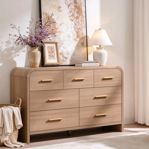 Vintagearth 7 Drawer Dresser for Bedroom, Curved 1.18" Thick FSC Certified Wood, Oak