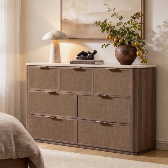 Vintagearth 7 Drawer Dresser for Bedroom, Rattan Fronts Faux Travertine ...