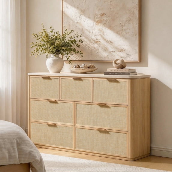 Vintagearth 7 Drawer Dresser for Bedroom, Rattan Fronts Faux Travertine ...