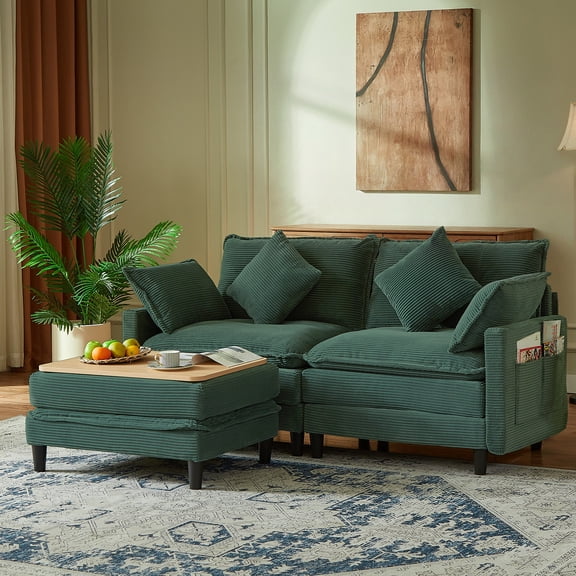 Vintagearth 73.5'' Sectional Modular Sofa Cloud Couch with 1 Ottomans & 4 Pillows Tool-free Easy Assembly for Living Room Apartment, Green