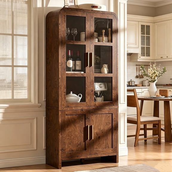 Vintagearth 77" Tall Kitchen Pantry Cabinet, 1.18'' Thick Panel Curved Storage Cupboard with Adjustable Shelf, Freestanding Organizer for Kitchen, Dining Room, Dark Burl