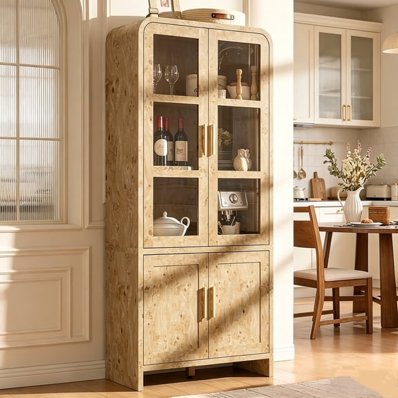 Vintagearth 77" Tall Kitchen Pantry Cabinet, 1.18'' Thick Panel FSC-certified Wood Curved Storage Cupboard with Adjustable Shelf, Freestanding Organizer for Kitchen, Dining Room, Light Burl