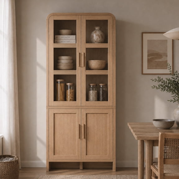 Vintagearth 77" Tall Kitchen Pantry Cabinet, 1.18'' Thick Panel Curved Storage Cupboard with Adjustable Shelf, Freestanding Organizer for Kitchen, Dining Room, Oak