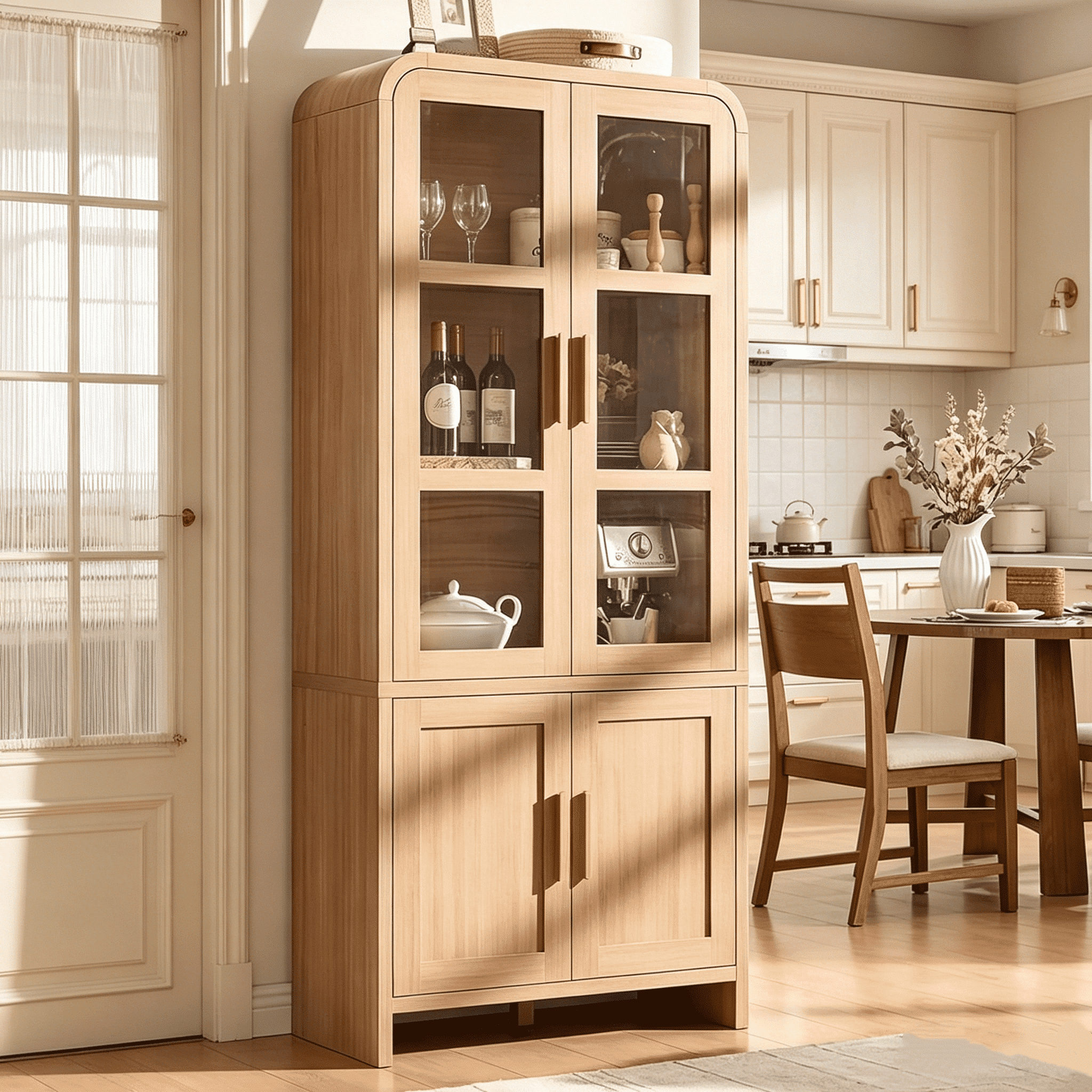 Vintagearth  77" Tall Kitchen Pantry Cabinet, 1.18'' Thick Panel Curved Storage Cupboard with Adjustable Shelf, Freestanding Organizer for Kitchen, Dining Room, Oak