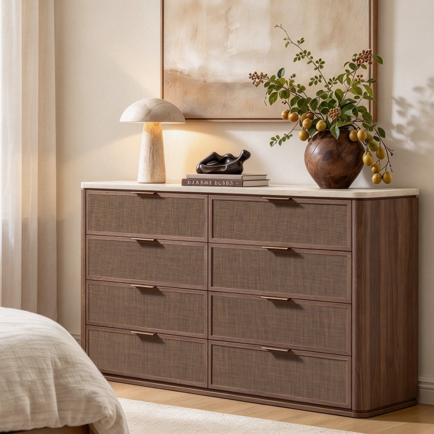 Vintagearth 8 Drawer Dresser for Bedroom, Rattan Fronts Faux Travertine ...