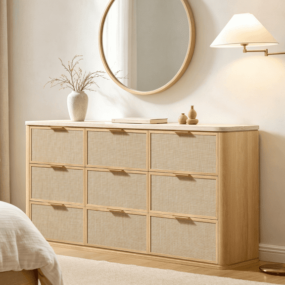 Vintagearth 9 Drawer Dresser for Bedroom, Rattan Fronts Faux Travertine Top 63.1" Wide Chest of Drawers, FSC-Certified Thick Wood, Natural Oak