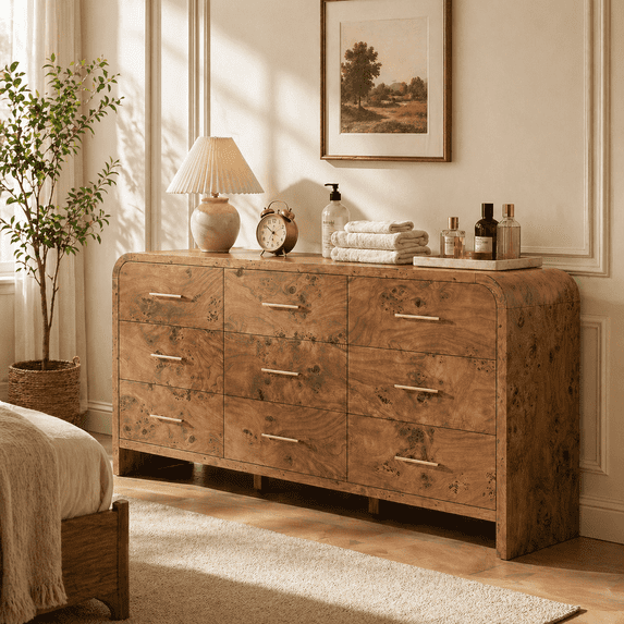 Vintagearth 9 Drawers Dresser for Bedroom, Curved FSC-certified Wood 1.18" Thick Board Dressers & Chests of Drawers for Living Room, Hallway, Entryway, Dark Burl