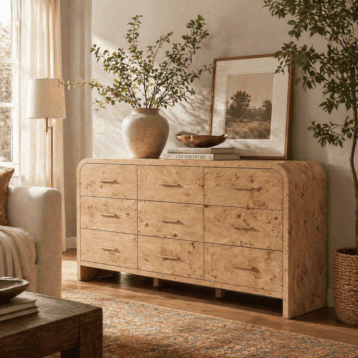 Vintagearth 9 Drawers Dresser for Bedroom, Curved FSC-certified Wood 1.18" Thick Board Dressers & Chests of Drawers for  Living Room, Hallway, Entryway, Light Burl