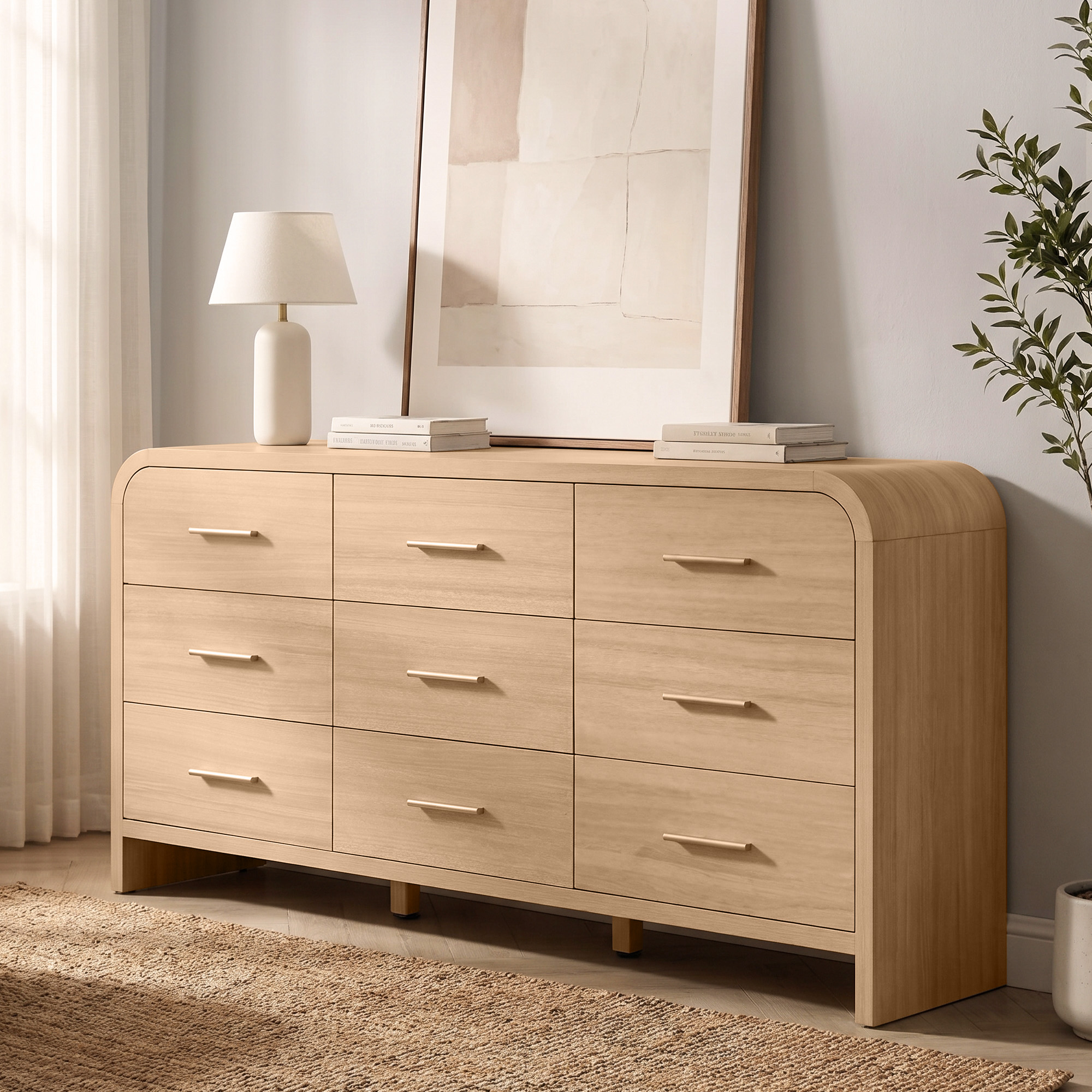 Vintagearth 9 Drawers Dresser Bedroom Curved FSC Certified Wood 1 18 Thick Board Dressers Chests Drawers Living Room Hallway Entryway Oak: Before You Add to Cart