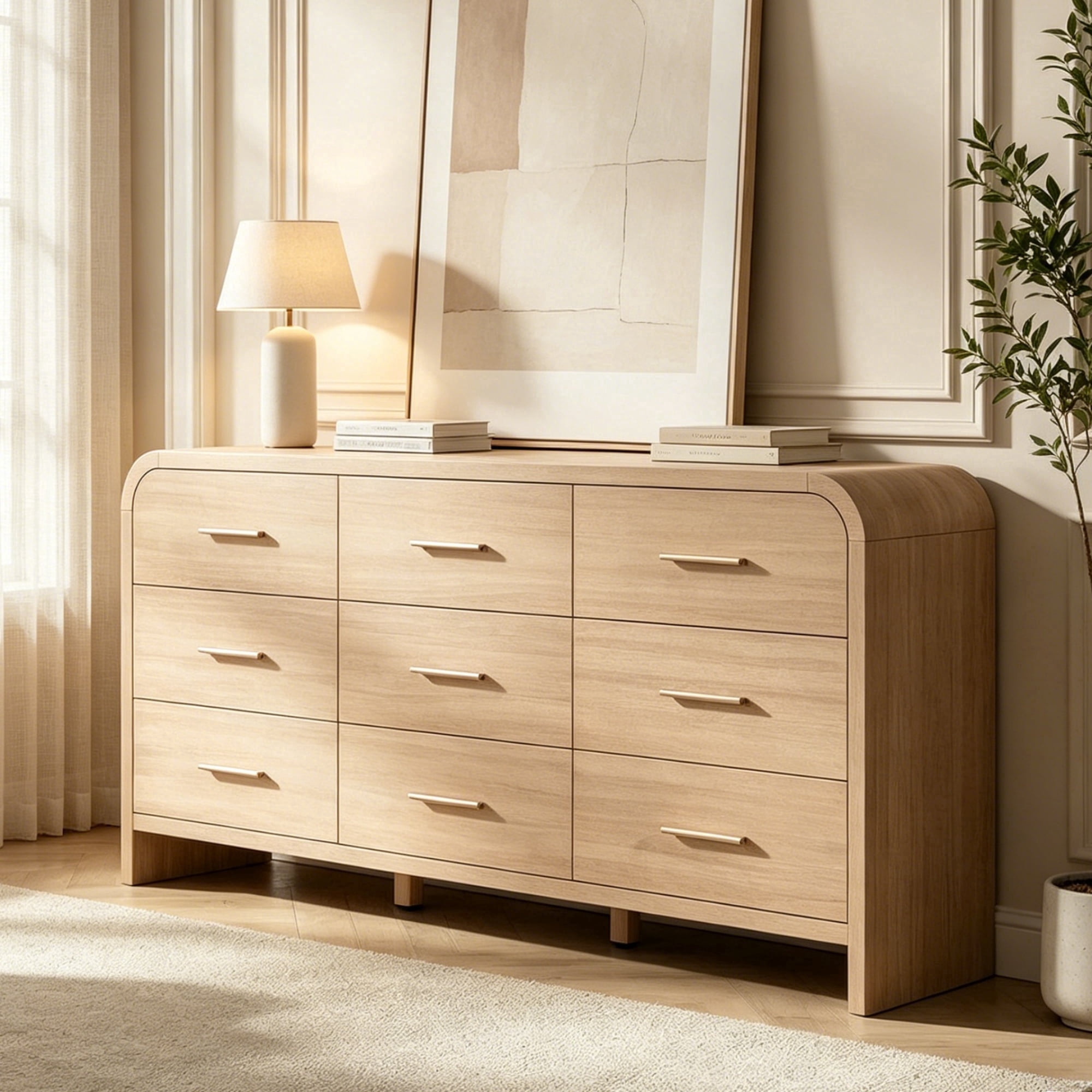 Vintagearth 9 Drawers Dresser for Bedroom, Curved FSC-certified Wood 1.18" Thick Board Dressers & Chests of Drawers for  Living Room, Hallway, Entryway, Oak