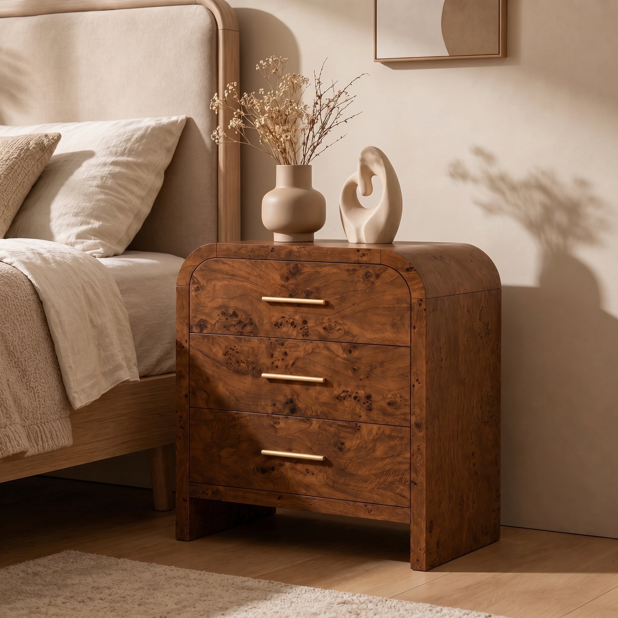 Vintagearth Nightstand 26.7" Tall Modern Curved Bedside Table, FSC-Certified Wood End Table, 3 Drawer Storage, Dark Burl