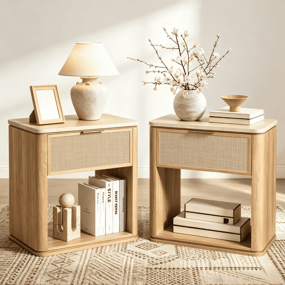 Vintagearth Nightstand Set of 2, 23.11" W Rattan Faux Marble Top Bedside Table, FSC-Certified 1.97" Thick Wood End Table, 1 Drawer & 1 Open Storage Shelf, Natural Oak