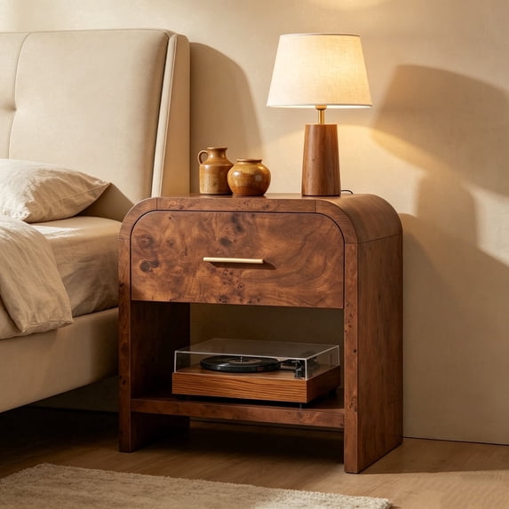 Vintagearth Nightstand Set of 2, 24" Tall Modern Curved Bedside Table, FSC-Certified Wood End Table, 1 Drawer & 1 Open Storage Shelf, Dark Burl