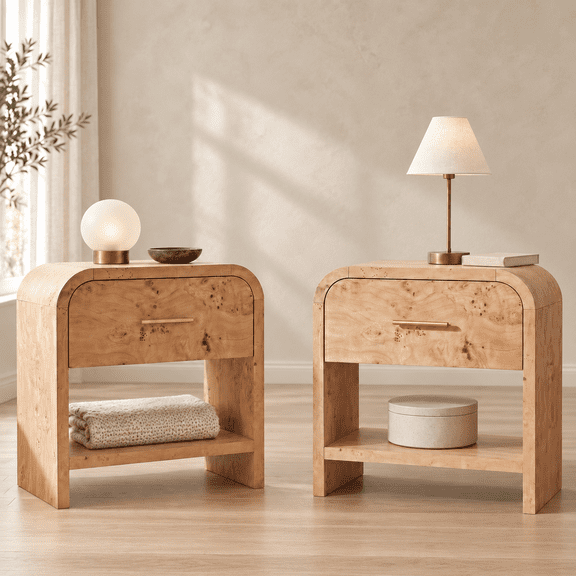 Vintagearth Nightstand Set of 2, 23.42" Wide Modern Bedside Table with 1.18" Thick FSC Certified Wood, 1 Drawer & 1 Open Storage Shelf, Light Burl