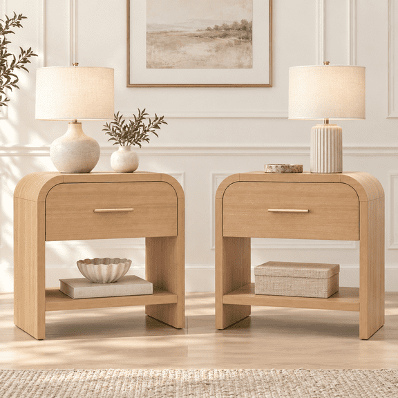 Vintagearth Nightstand Set of 2, 23.42" Wide Modern Bedside Table with 1.18" Thick FSC Certified Wood, 1 Drawer & 1 Open Storage Shelf, Oak