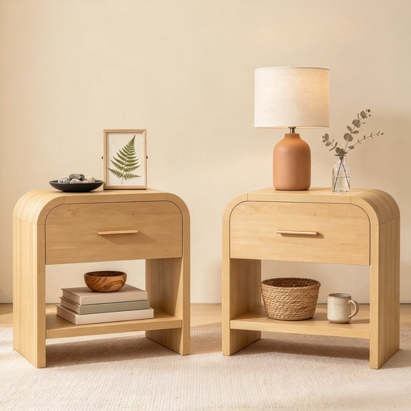 Vintagearth Nightstand Set of 2, 23.42" Wide Modern Curved Bedside Table, FSC-Certified Wood End Table, 1 Drawer & 1 Open Storage Shelf, Natural Oak