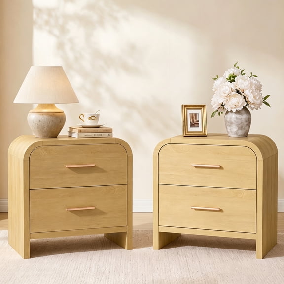 Vintagearth Nightstand Set of 2, 23.42" Wide Modern Curved Bedside Table, FSC-Certified Wood End Table, 2 Drawer Storage, Natural Oak