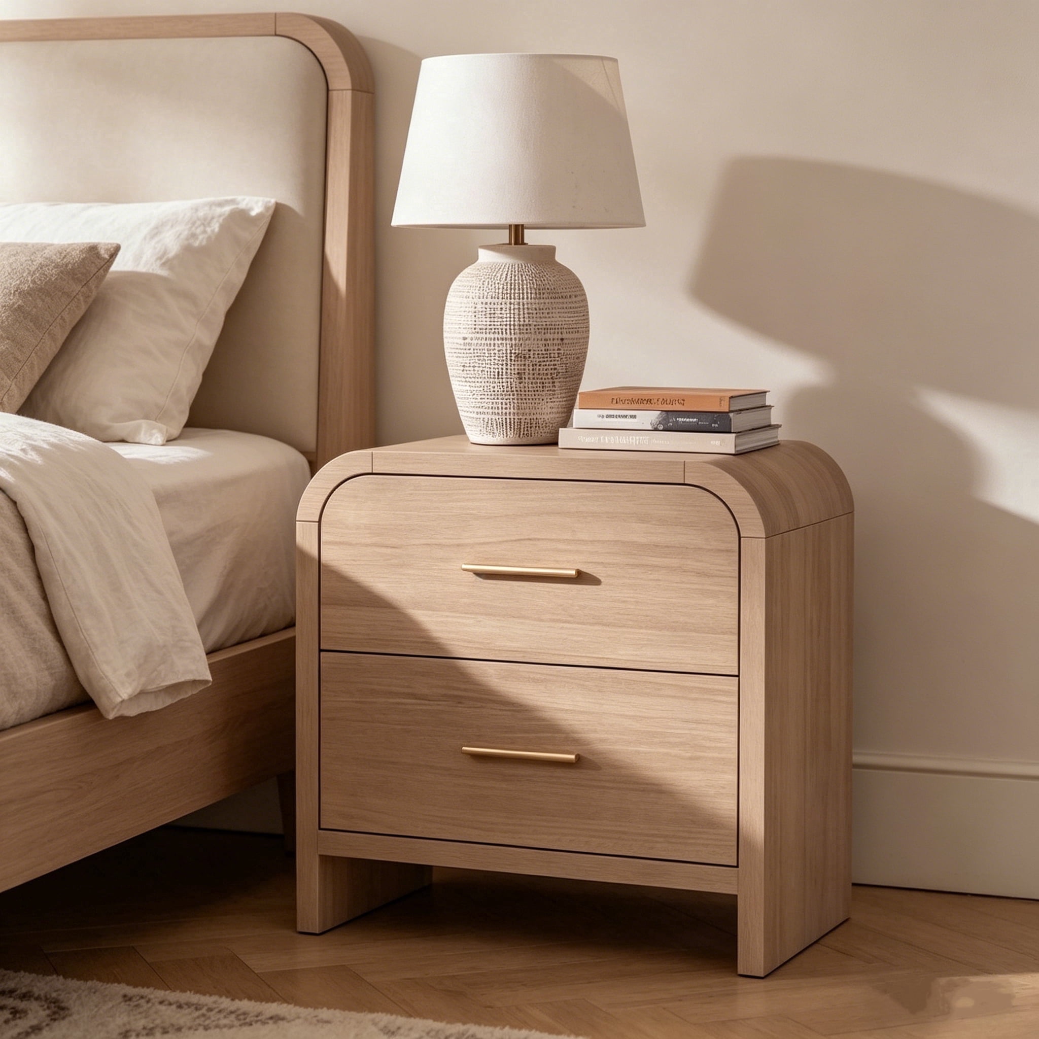 Vintagearth Nightstand Set of 2, 24" Tall Modern Curved Bedside Table, FSC-Certified Wood End Table, 2 Drawer Storage, Oak