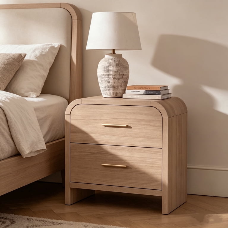 Vintagearth Nightstand Set of 2, 24" Tall Modern Curved Bedside Table, FSC-Certified Wood End Table, 2 Drawer Storage, Oak