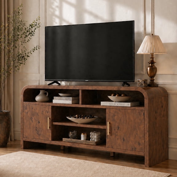 Vintagearth TV Stand with FSC-Certified 1.22" Thick Board, Storage Cabinets & Open Shelves, Curved Edge Entertainment Center for TVs up to 65", Dark Burl