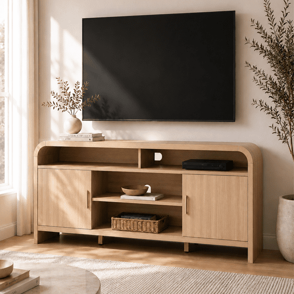 Vintagearth Modern Oak TV Stand for TVs up to 65", Curved Edge Entertainment Center with Storage Cabinets, Open Shelves, 1.22" FSC-Certified Thick Board, Oak