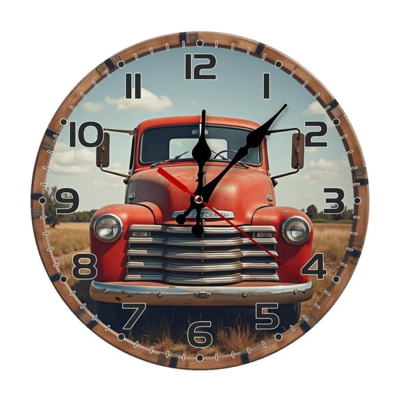 Vintagecar Red Car Wall Clock 10 Inch Silent Non Ticking Round Wooden Clock Decoration for Living Room Kitchen Bedroom Bathroom Office Classroom