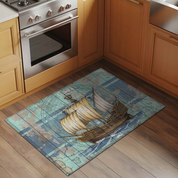 Vintages Boats 2x3 Rug for Entryway Front Door Kitchen Sink Area, Nautical Maps Seaports Teal Blue Wood Grain Low Pile Washable Non Slip Rectangle Area Rug