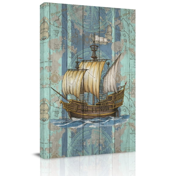 Vintages Boats Canvas Wall Art for Living Room, Nautical Maps Seaports Teal Blue Wood Grain Wall Decor Framed Artwork Pictures Ready to Hang for Bedroom Office Home Decor