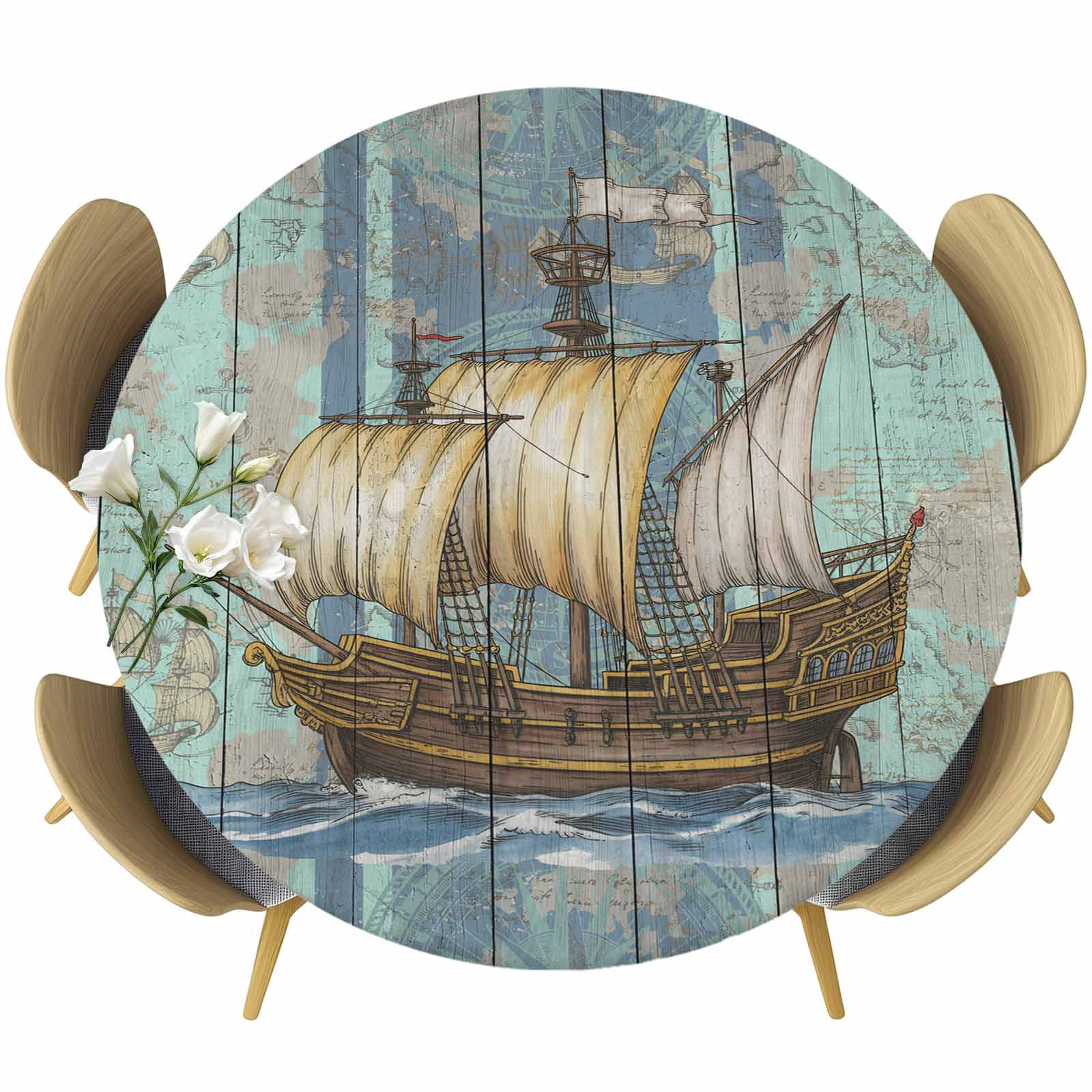 Vintages Boats Round Fitted Tablecloth with Elastic Edge, Nautical Maps ...