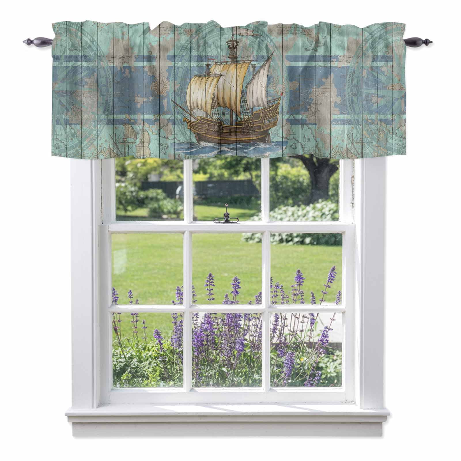 Window Map Rod Vintages Boats Valances for Windows Nautical Maps Seaports Teal Blue ...