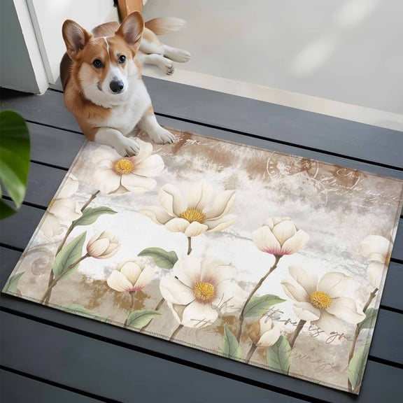 Vintages Flowers Front Door Rugs 2x3 ft White Floral Plants Petals White Brown Mottled Small Rug for Entryway Non Slip Washable Bathroom Door Mat Absorbent Floor Mat for Indoor Entrance